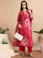Rose Pink Tissue Shimmer Digital Printed Hand work A-line Kurti, Pant and Printed dupatta Set